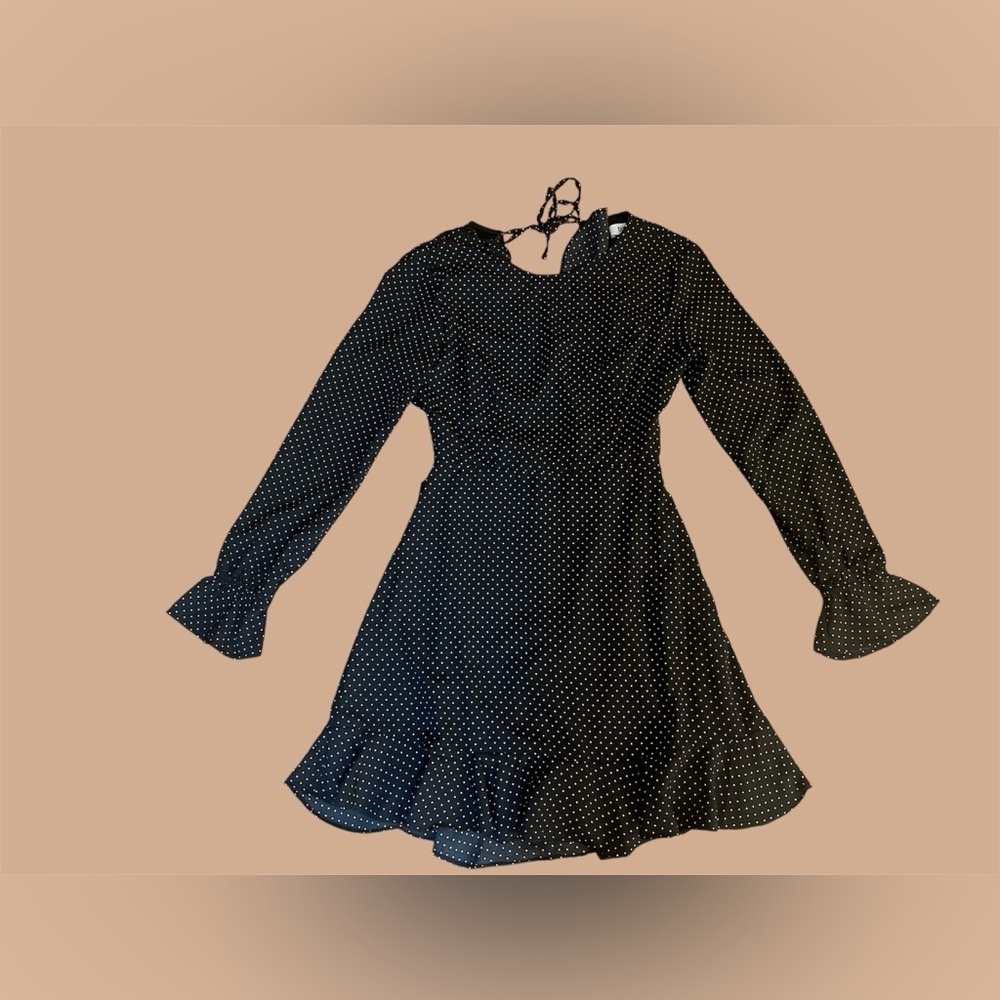 DO+BE Black Polka Dot, Ruffle Sleeves, Flare, Backless Dress, Size S